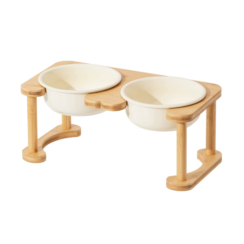 Διπλό Κεραμικό Μπολ Raised με Βάση Bamboo-Λευκό