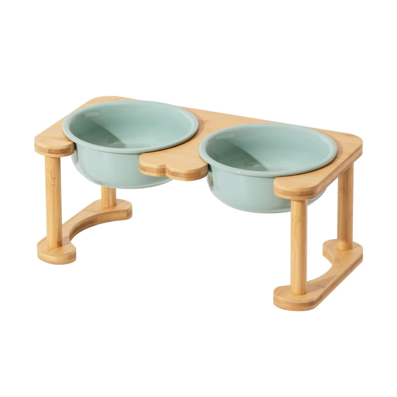 Διπλό Κεραμικό Μπολ Raised με Βάση Bamboo – Ανοιχτό Λαδί