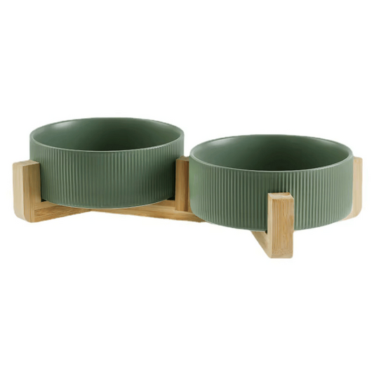 Διπλό Κεραμικό Μπολ Luxury με Βάση Bamboo – Λαδί