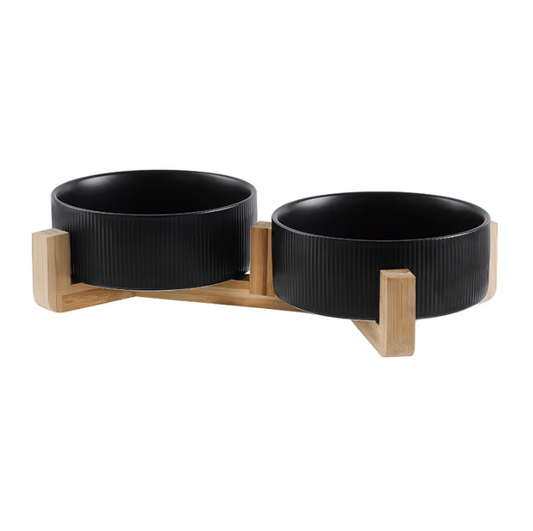 Διπλό Κεραμικό Μπολ Luxury με Βάση Bamboo – Μαύρο