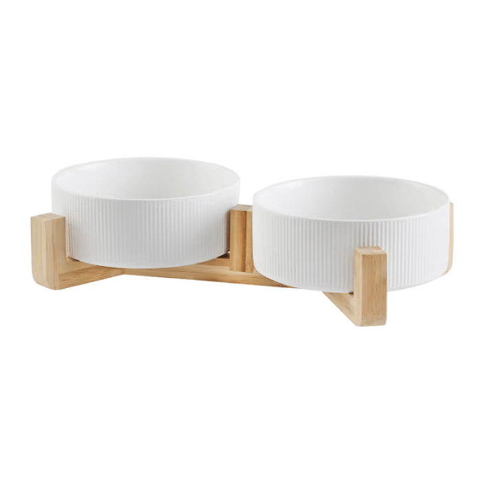 Διπλό Κεραμικό Μπολ Luxury με Βάση Bamboo – Άσπρο