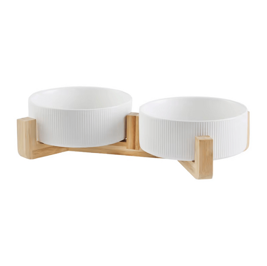 Διπλό Κεραμικό Μπολ Luxury με Βάση Bamboo – Άσπρο