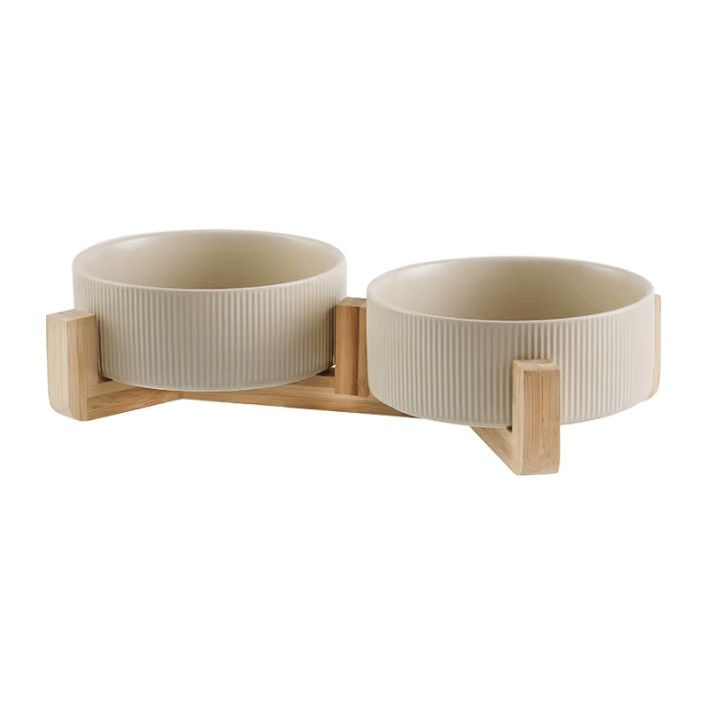 Διπλό Κεραμικό Μπολ Luxury με Βάση Bamboo – Μπεζ
